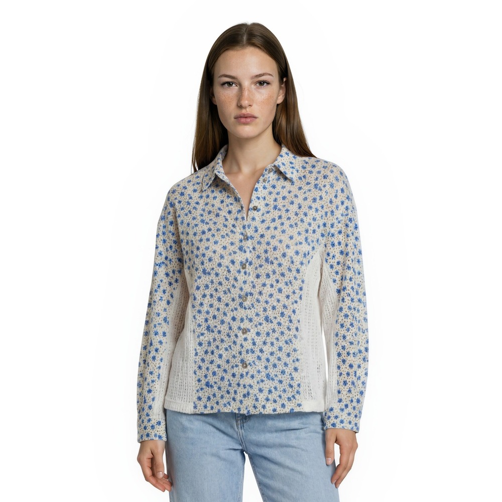 POL Shirt Women's Size Medium Blue White Floral Crochet Lace Button Up